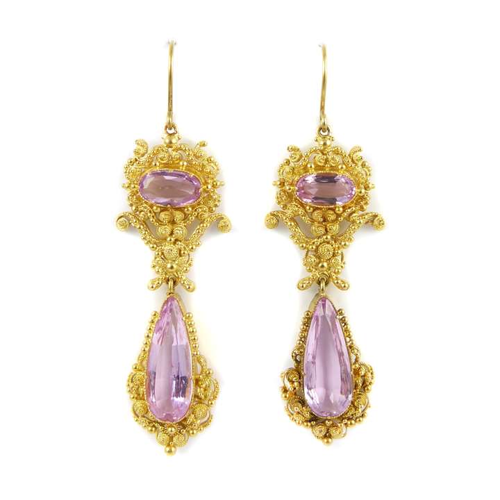 Pair of 19th century pink topaz and cannetille gold pendant earrings